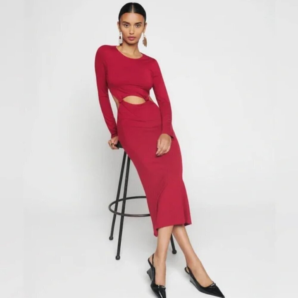 Reformation | Via Knit Long Sleeve Cut Out Maxi Dress in Crimson - Size S